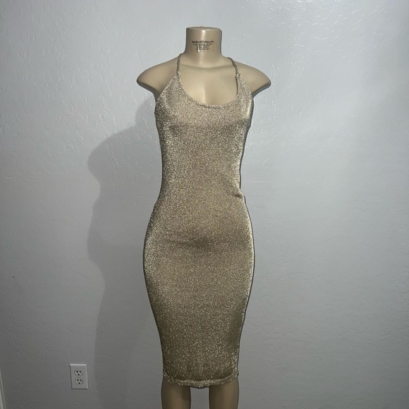 Gold Woven Midi Spaghetti Strap Dress size Large - Picture 1 of 4